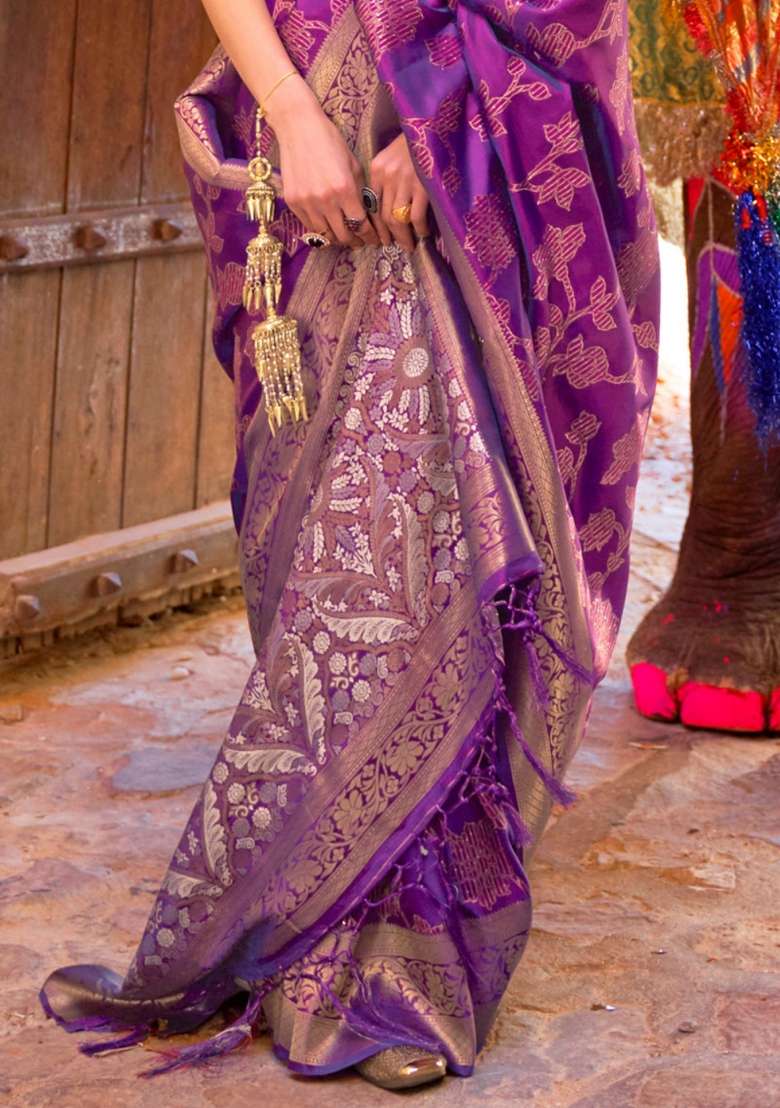 Multi Color Solid Silk Blend Saree Set for Diwali and Festive Wear - Indya