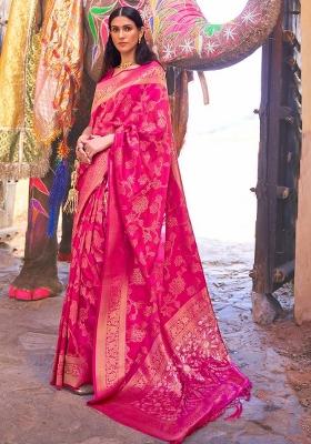 Multi Color Solid Silk Blend Saree Set