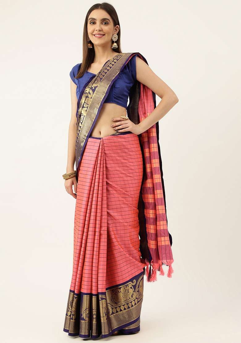 Multi Color Solid Silk Blend Saree Set for Diwali | Wedding & Festive Wear - Indya