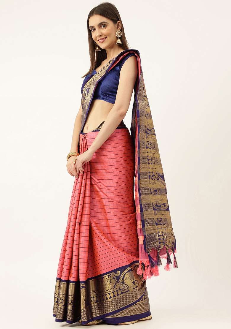 Multi Color Solid Silk Blend Saree Set for Diwali | Wedding & Festive Wear - Indya