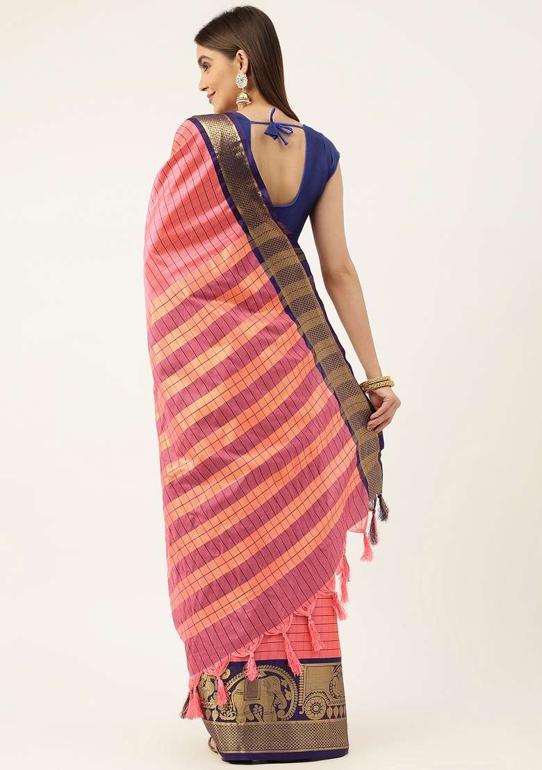Multi Color Solid Silk Blend Saree Set for Diwali | Wedding & Festive Wear - Indya