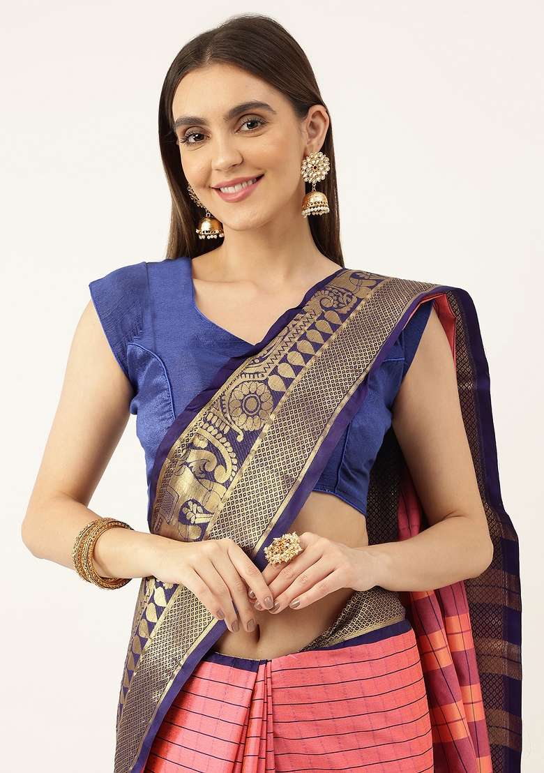 Multi Color Solid Silk Blend Saree Set for Diwali | Wedding & Festive Wear - Indya