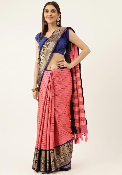 Multi Color Solid Silk Saree Set