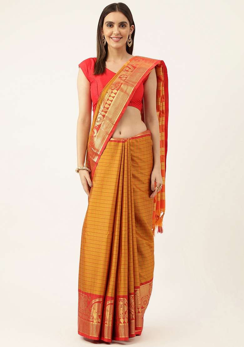 Multi Color Solid Silk Blend Saree Set for Diwali | Wedding & Festive Wear - Indya