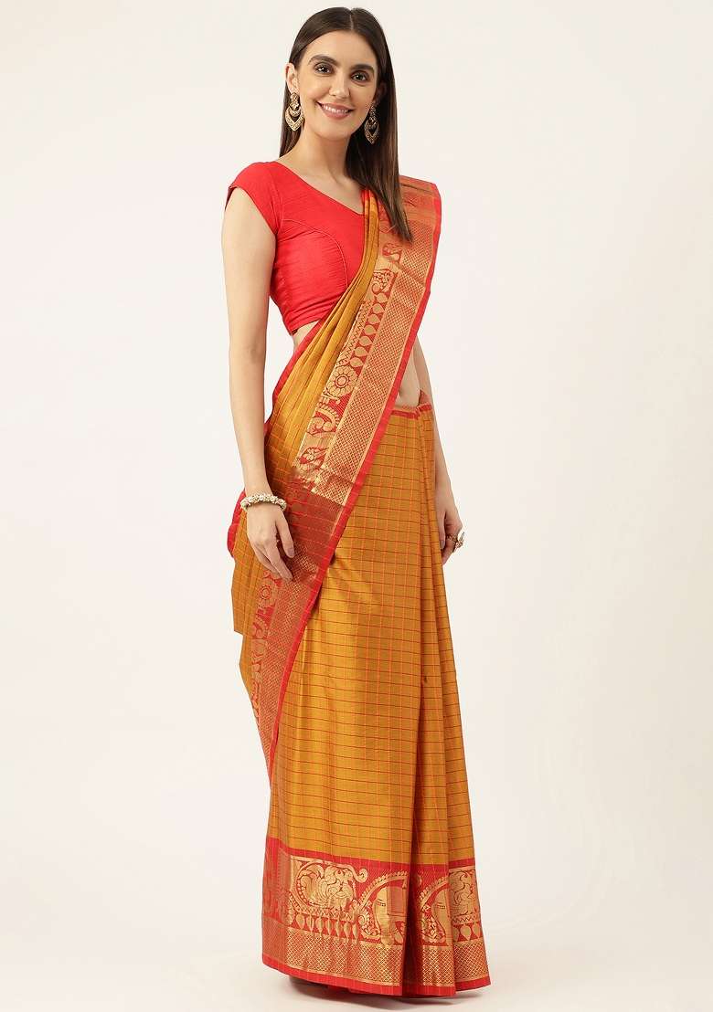 Multi Color Solid Silk Blend Saree Set for Diwali | Wedding & Festive Wear - Indya