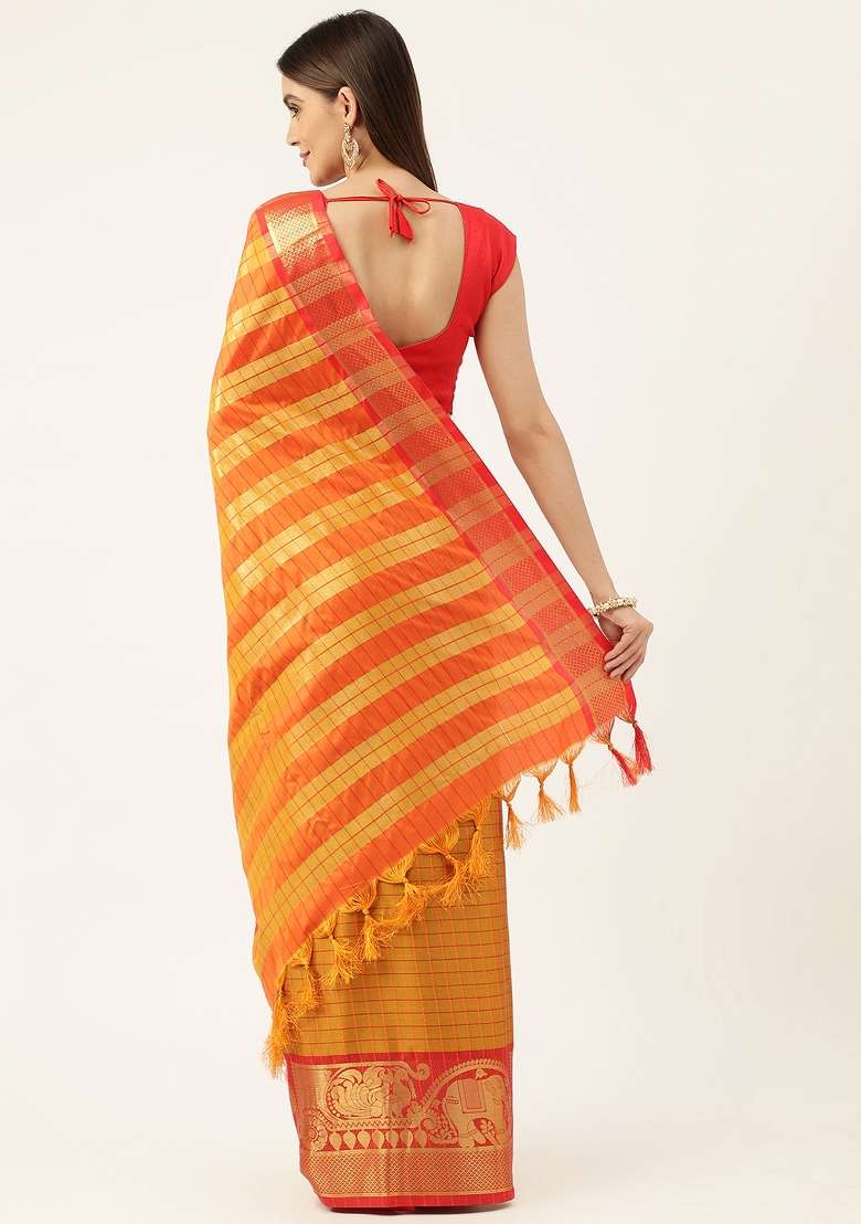 Multi Color Solid Silk Blend Saree Set for Diwali | Wedding & Festive Wear - Indya