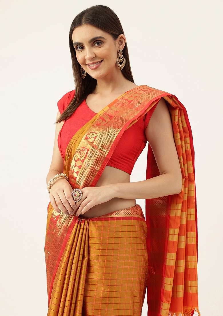 Multi Color Solid Silk Blend Saree Set for Diwali | Wedding & Festive Wear - Indya