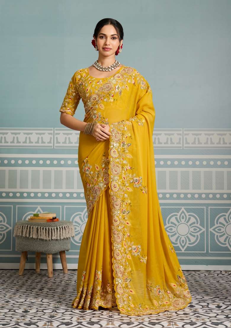 Yellow Embroidery Star Georgette Saree Set for Diwali and Festive Wear - Indya