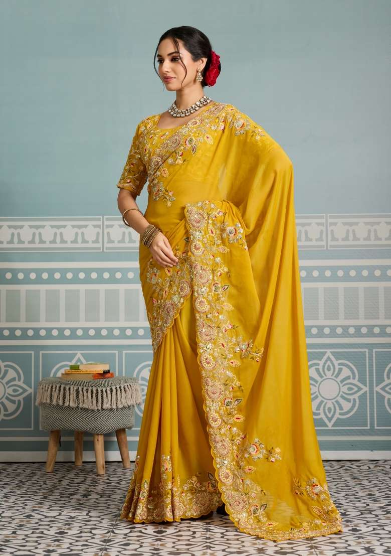 Yellow Embroidery Star Georgette Saree Set for Diwali and Festive Wear - Indya
