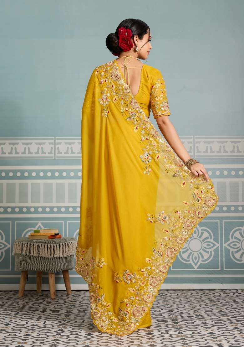 Yellow Embroidery Star Georgette Saree Set for Diwali and Festive Wear - Indya