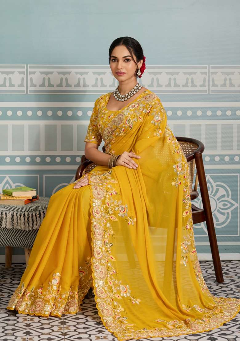 Yellow Embroidery Star Georgette Saree Set for Diwali and Festive Wear - Indya