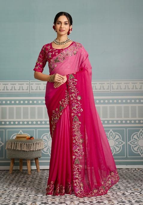 Rani Pink Embroidery Georgette Saree Set