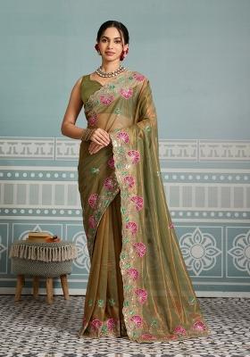 Olive Green Embroidery  Net Saree Set