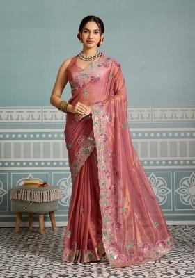 Peach Embroidery  Net Saree Set