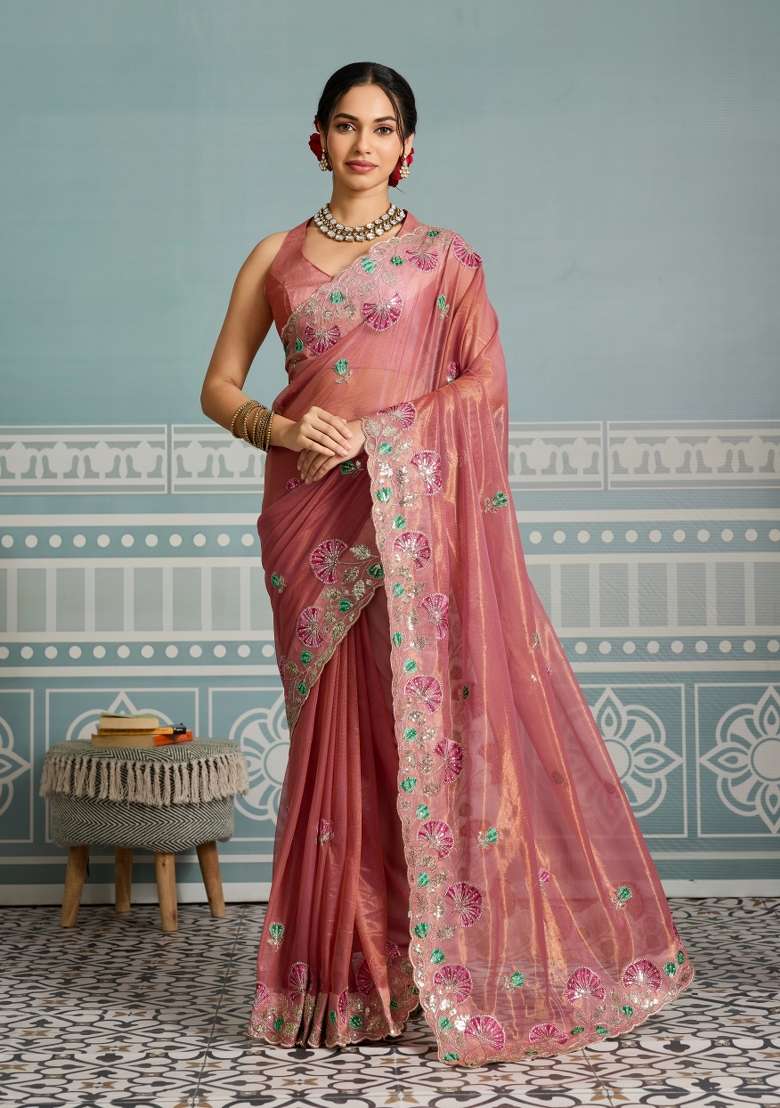 Peach Embroidery Net Saree Set for Diwali and Festive Wear - Indya