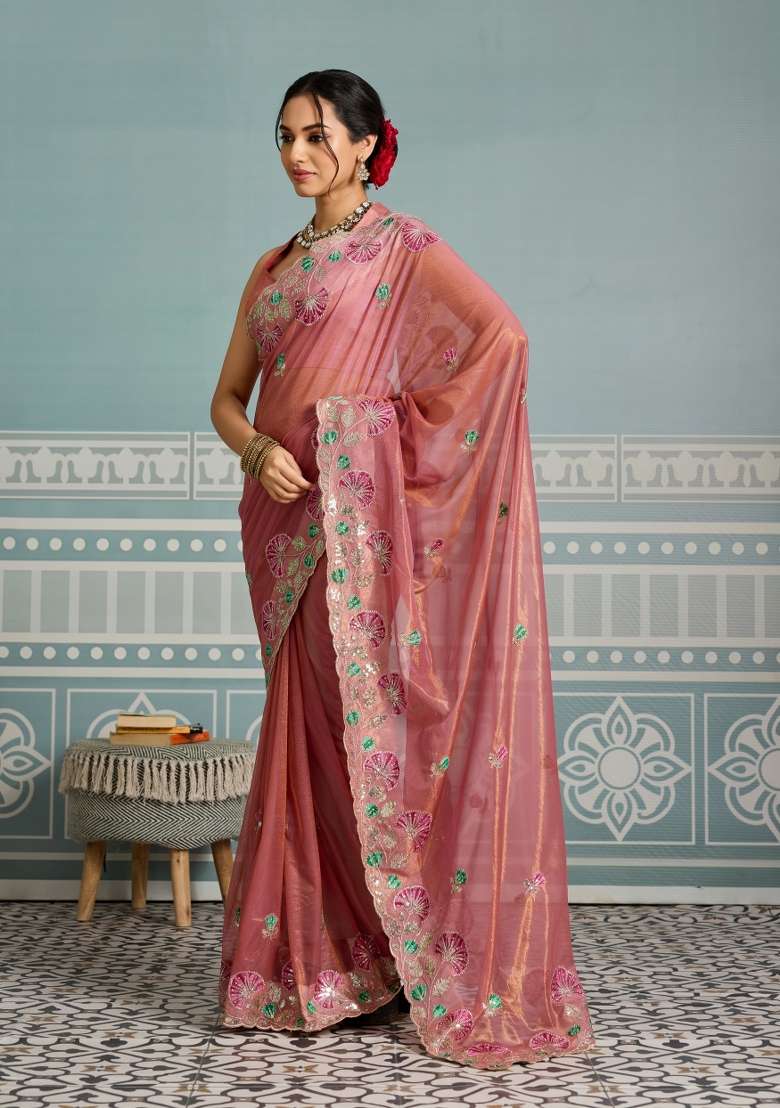 Peach Embroidery Net Saree Set for Diwali and Festive Wear - Indya