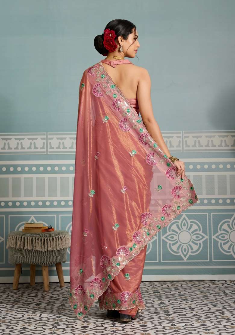 Peach Embroidery Net Saree Set for Diwali and Festive Wear - Indya