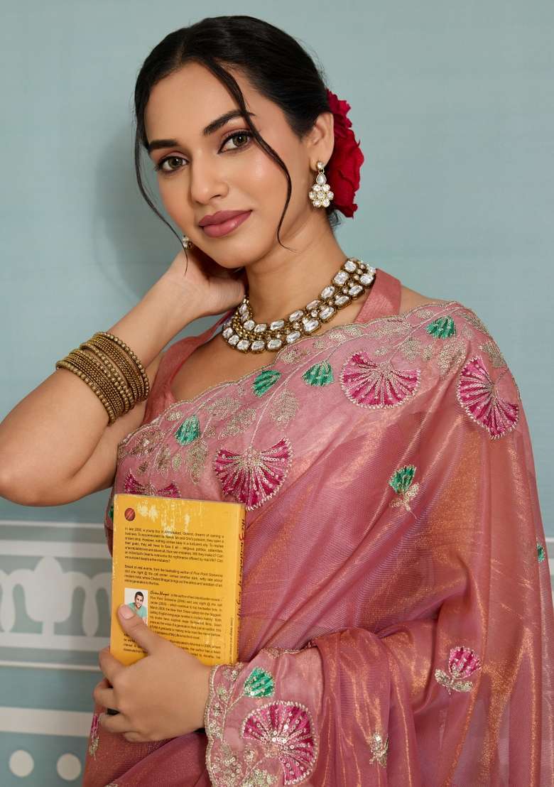Peach Embroidery Net Saree Set for Diwali and Festive Wear - Indya
