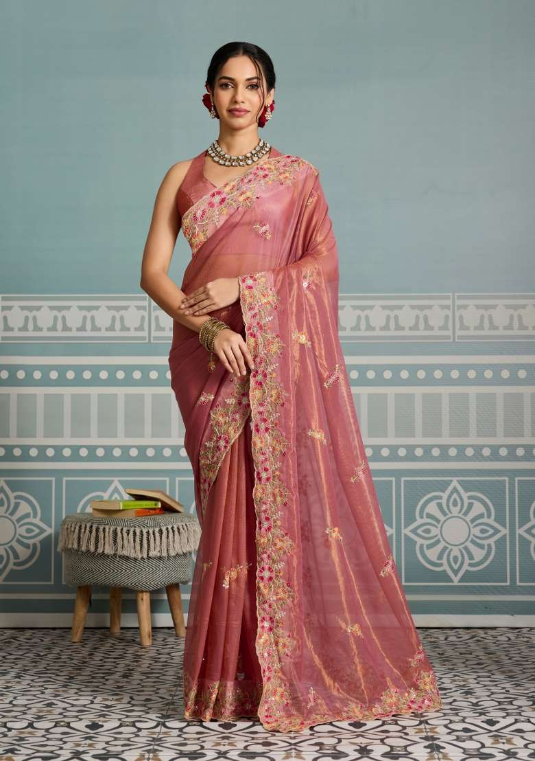 Peach Net Saree Set with Embroidery for Diwali | Wedding & Festive Wear - Indya