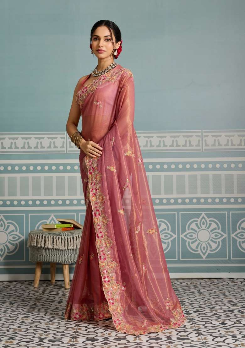Peach Net Saree Set with Embroidery for Diwali | Wedding & Festive Wear - Indya
