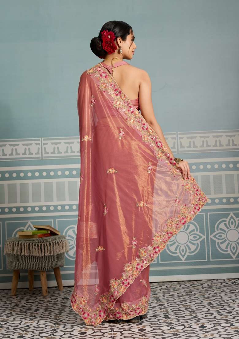 Peach Net Saree Set with Embroidery for Diwali | Wedding & Festive Wear - Indya