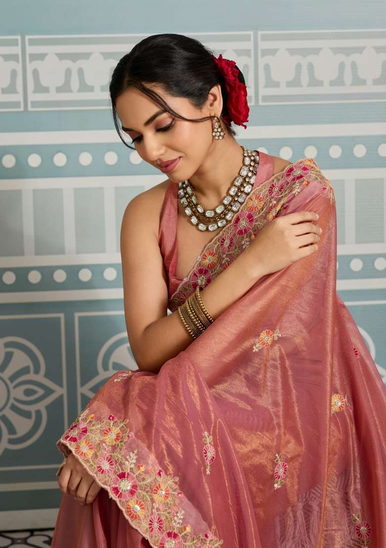 Peach Net Saree Set with Embroidery for Diwali | Wedding & Festive Wear - Indya
