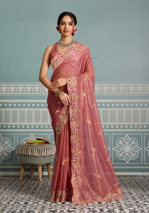 Peach Embroidery  Net Saree Set