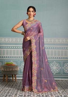 Lavender Embroidery  Net Saree Set