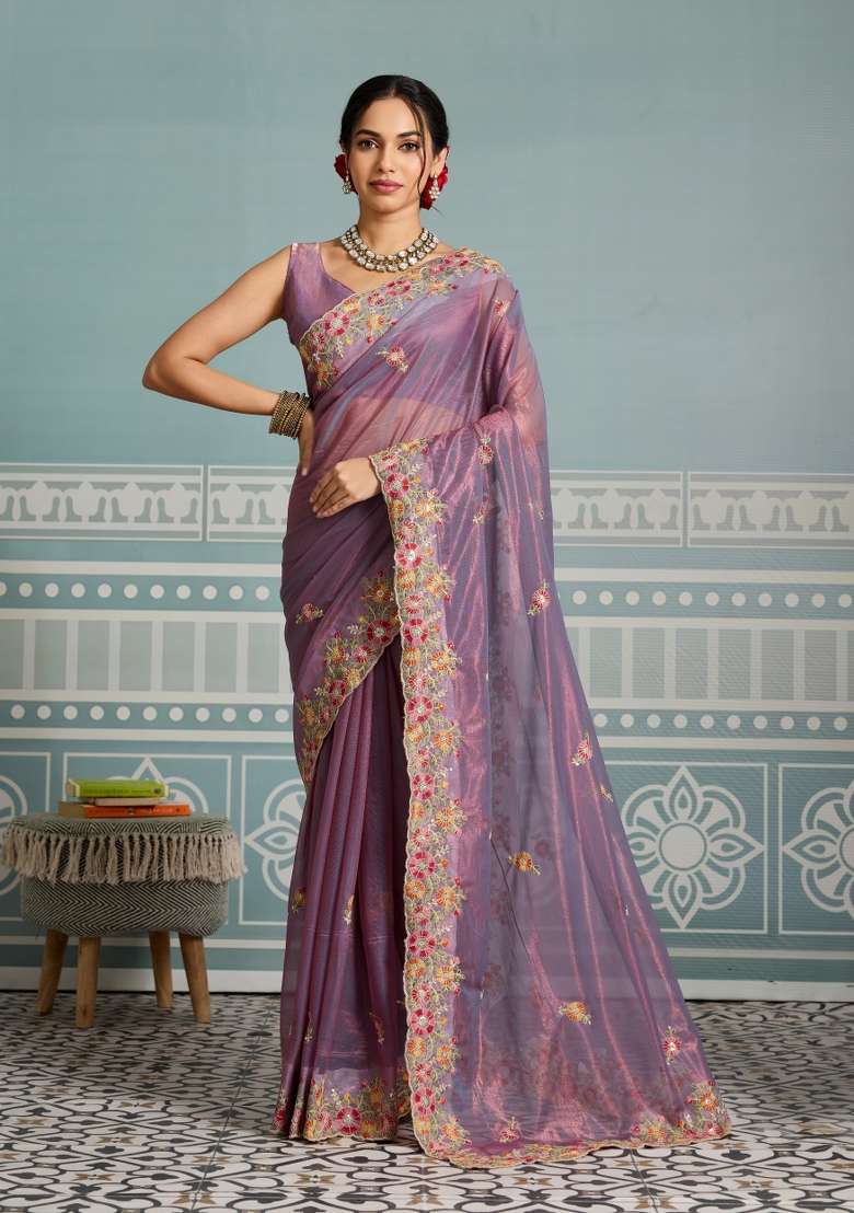 Lavender Embroidery Net Saree Set for Diwali and Festive Wear - Indya