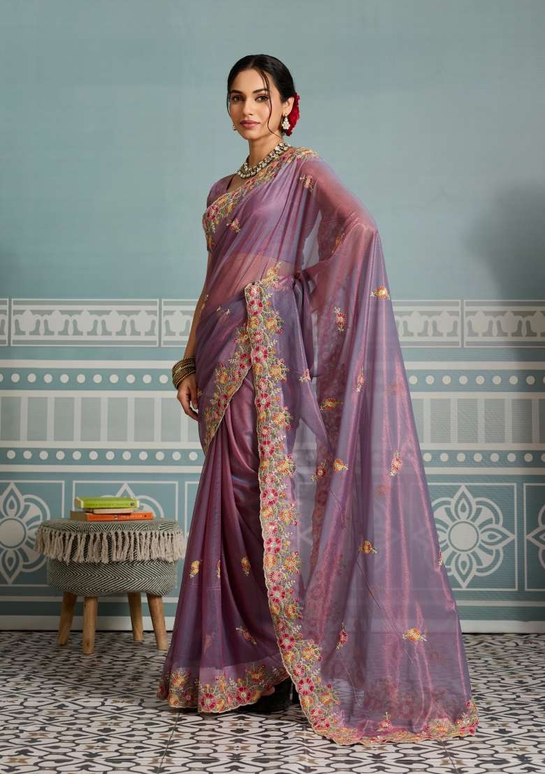 Lavender Embroidery Net Saree Set for Diwali and Festive Wear - Indya