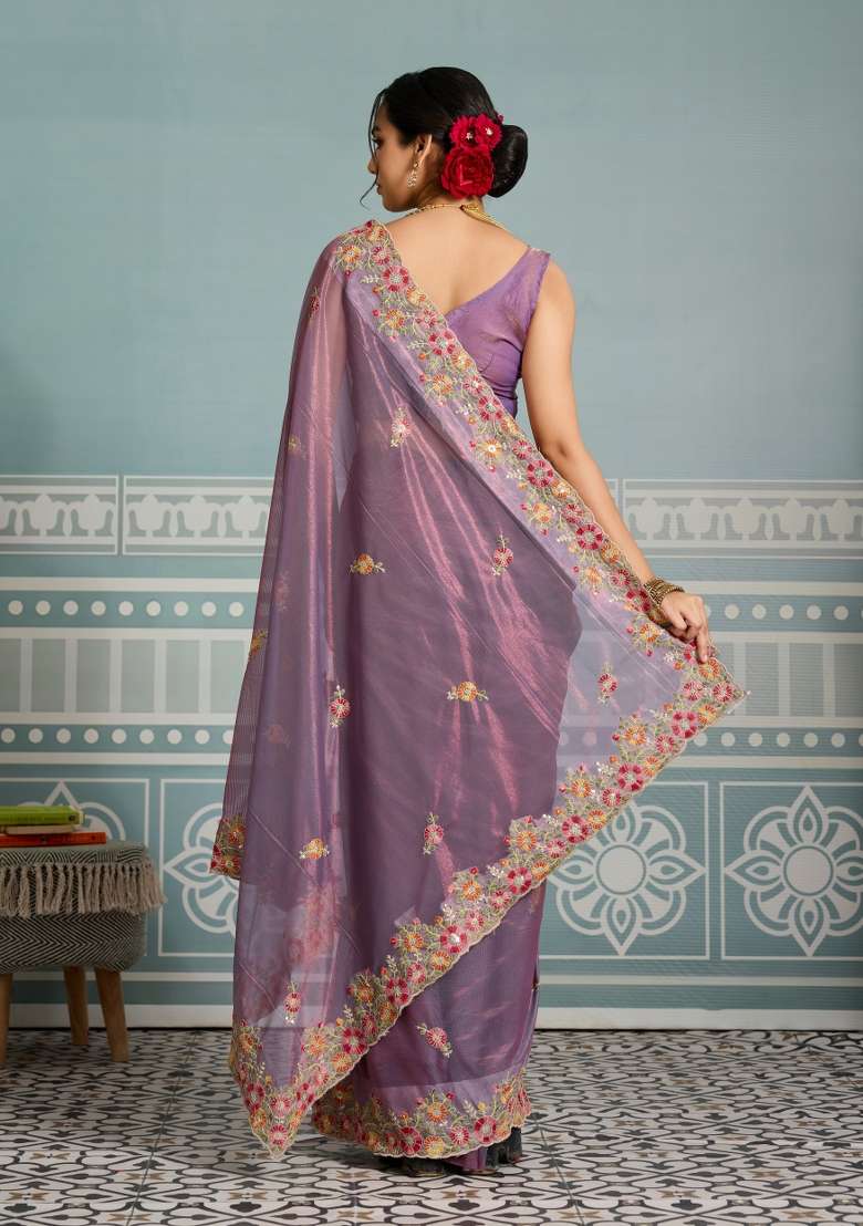 Lavender Embroidery Net Saree Set for Diwali and Festive Wear - Indya