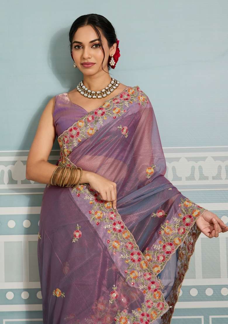 Lavender Embroidery Net Saree Set for Diwali and Festive Wear - Indya