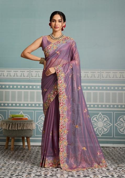 Lavender Embroidery  Net Saree Set