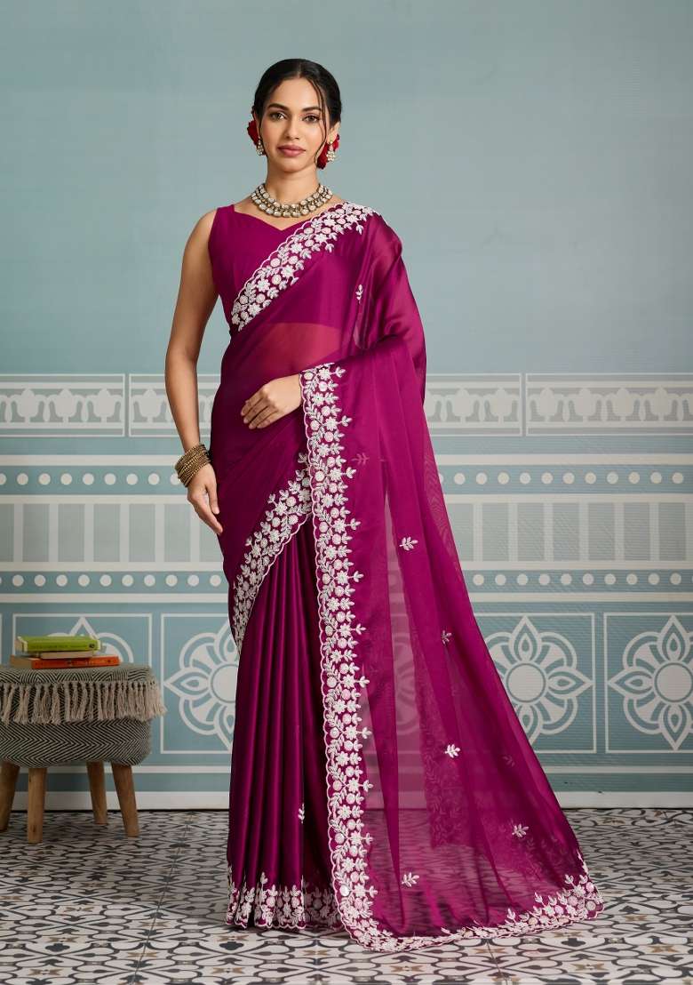 Rani Pink Black Rangoli Silk Blend Saree Set with Embroidery for Diwali | Wedding & Festive Wear - Indya