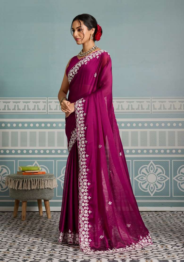 Rani Pink Black Rangoli Silk Blend Saree Set with Embroidery for Diwali | Wedding & Festive Wear - Indya