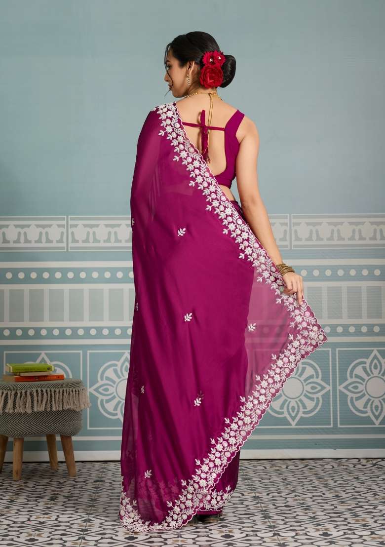 Rani Pink Black Rangoli Silk Blend Saree Set with Embroidery for Diwali | Wedding & Festive Wear - Indya