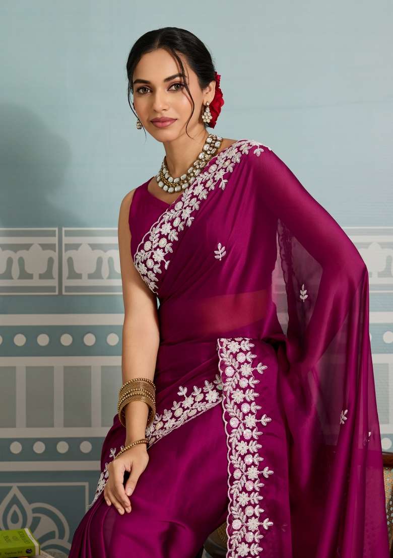 Rani Pink Black Rangoli Silk Blend Saree Set with Embroidery for Diwali | Wedding & Festive Wear - Indya