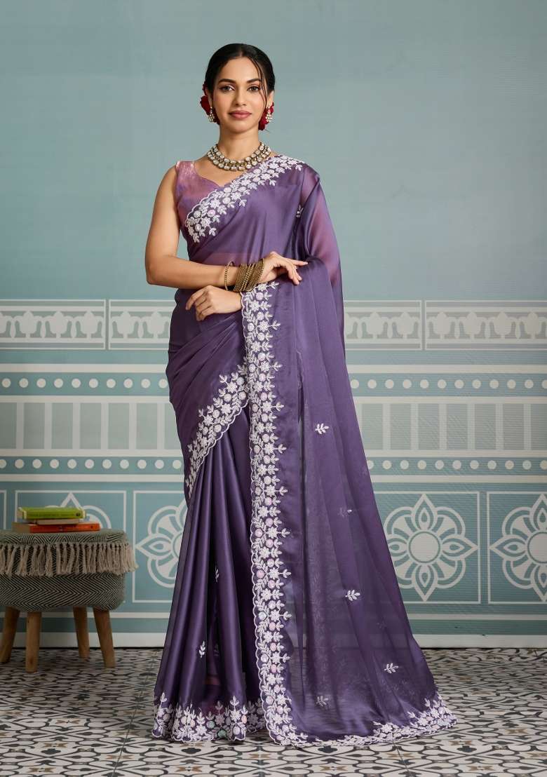 Purple Embroidery Black Rangoli Silk Blend Saree Set for Diwali and Festive Wear - Indya