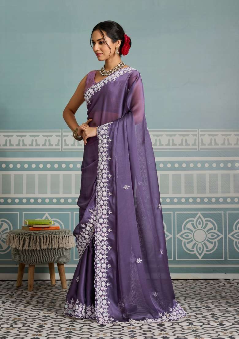 Purple Embroidery Black Rangoli Silk Blend Saree Set for Diwali and Festive Wear - Indya
