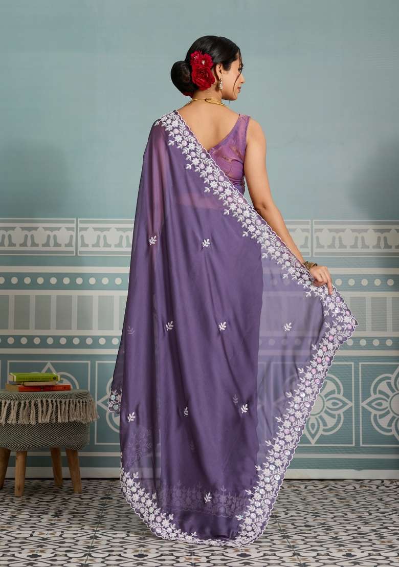 Purple Embroidery Black Rangoli Silk Blend Saree Set for Diwali and Festive Wear - Indya