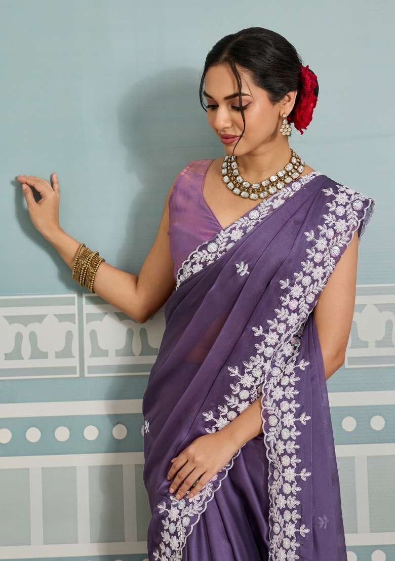 Purple Embroidery Black Rangoli Silk Blend Saree Set for Diwali and Festive Wear - Indya
