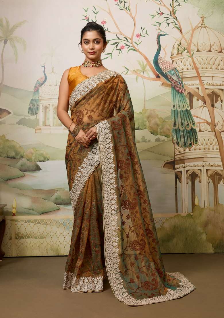 Mustard Embroidery Twill Net Saree Set for Diwali and Festive Wear - Indya
