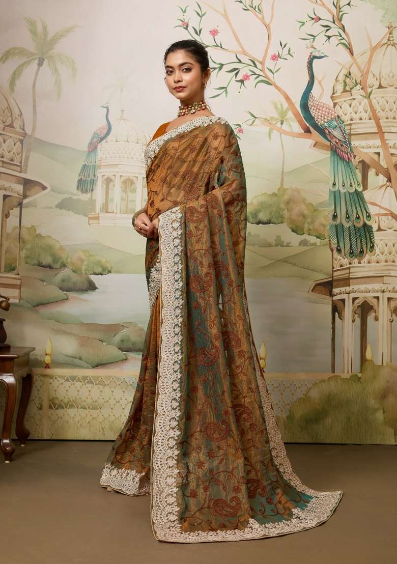Mustard Embroidery Twill Net Saree Set for Diwali and Festive Wear - Indya