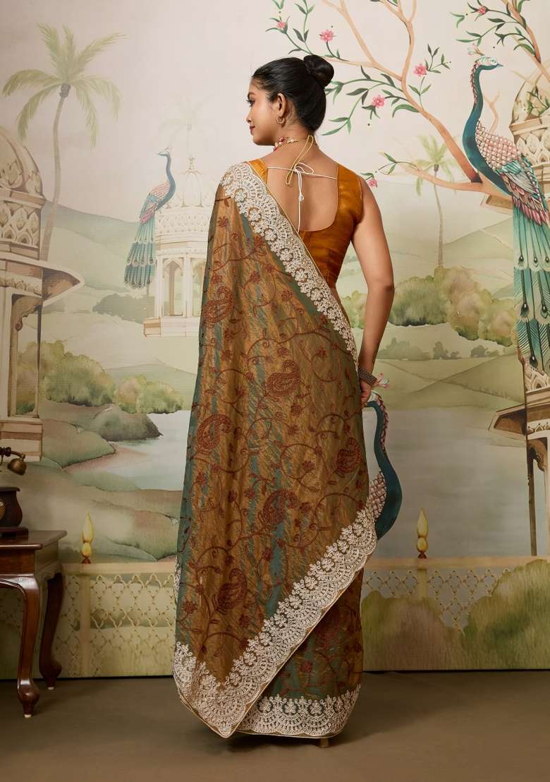 Mustard Embroidery Twill Net Saree Set for Diwali and Festive Wear - Indya