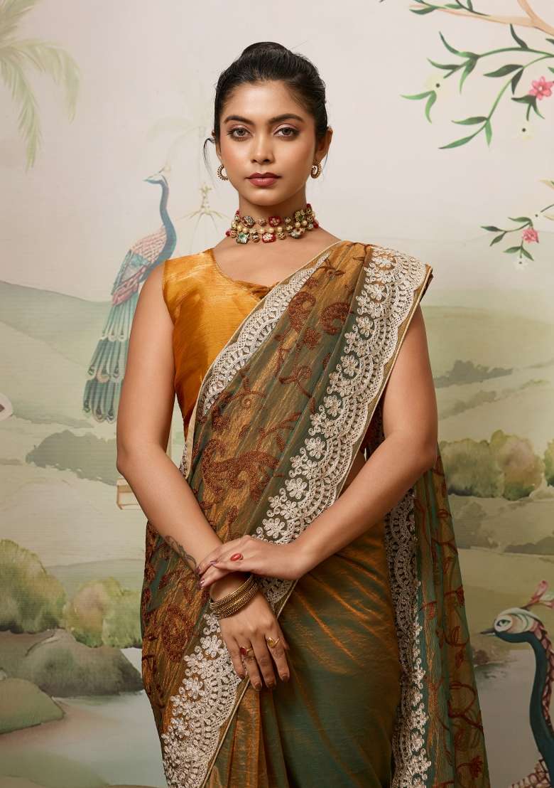 Mustard Embroidery Twill Net Saree Set for Diwali and Festive Wear - Indya