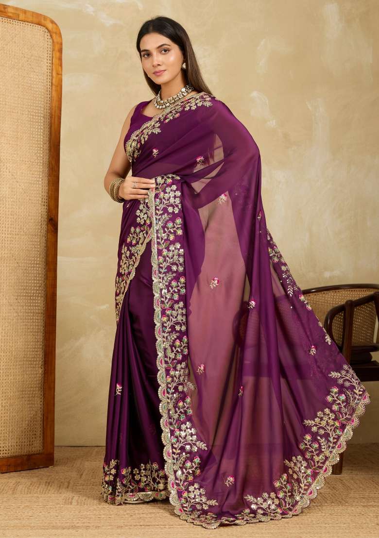 Wine Black Rangoli Silk Blend Saree Set with Embroidery for Diwali | Wedding & Festive Wear - Indya