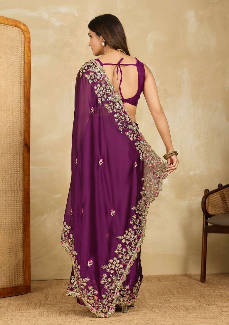 Wine Black Rangoli Silk Blend Saree Set with Embroidery for Diwali | Wedding & Festive Wear - Indya