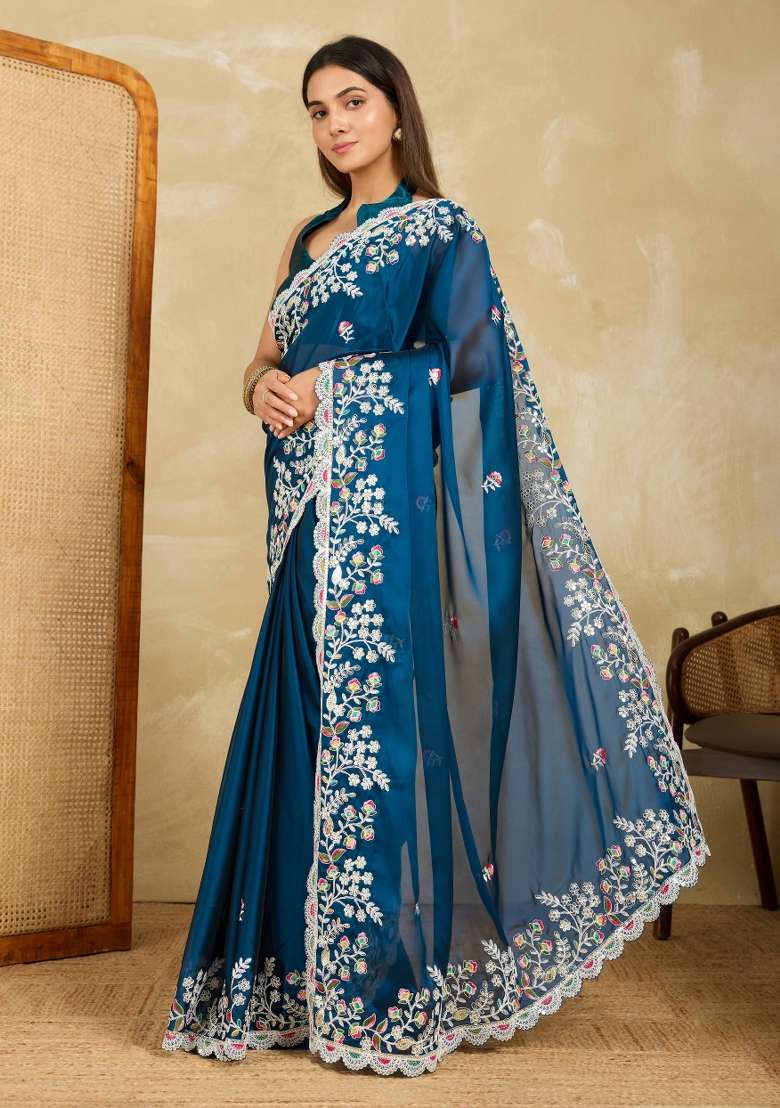 Teal Blue Embroidery Black Rangoli Silk Blend Saree Set for Diwali and Festive Wear - Indya