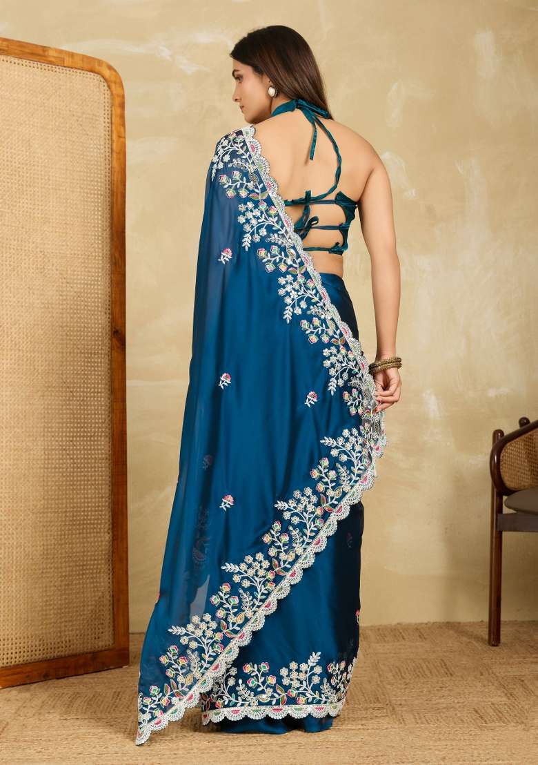 Teal Blue Embroidery Black Rangoli Silk Blend Saree Set for Diwali and Festive Wear - Indya