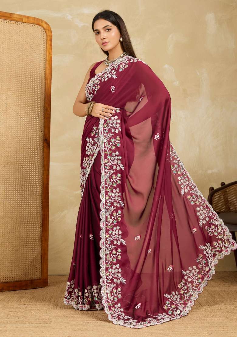 Wine Embroidery Black Rangoli Silk Blend Saree Set for Diwali and Festive Wear - Indya